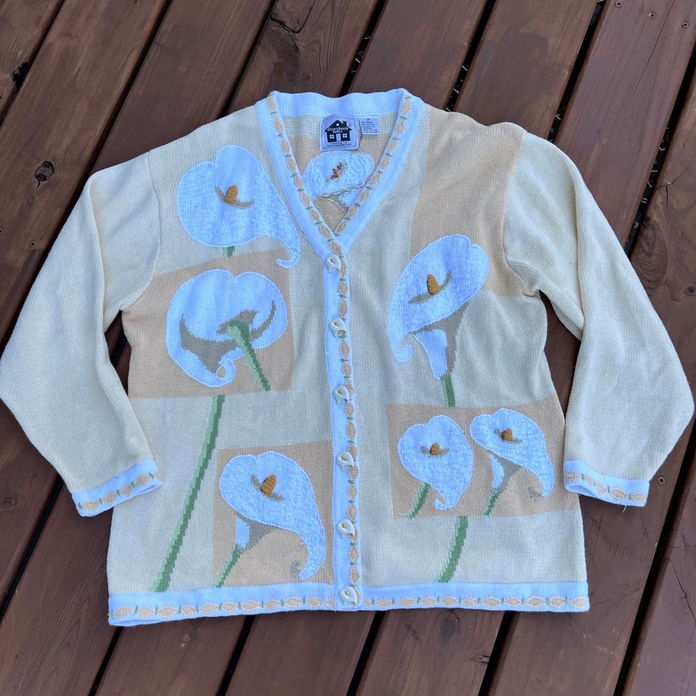 Storybook Knits Sweater Cardigan Cream Yellow Calla Lily Floral Plus Size 1X